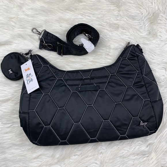Lug Winger 2pc Hobo Bag Black Silver Stitch NEW Shoulder Crossbody Quilted Coin - Picture 2 of 9